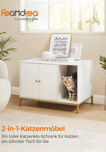 FEANDREA kattebakke, skjult kattebakkem�bel med kradsem�tte, h�je ben, kattehus, sidebord, 80 x 50 x 55 cm, hvid og guld PCL007W01V1