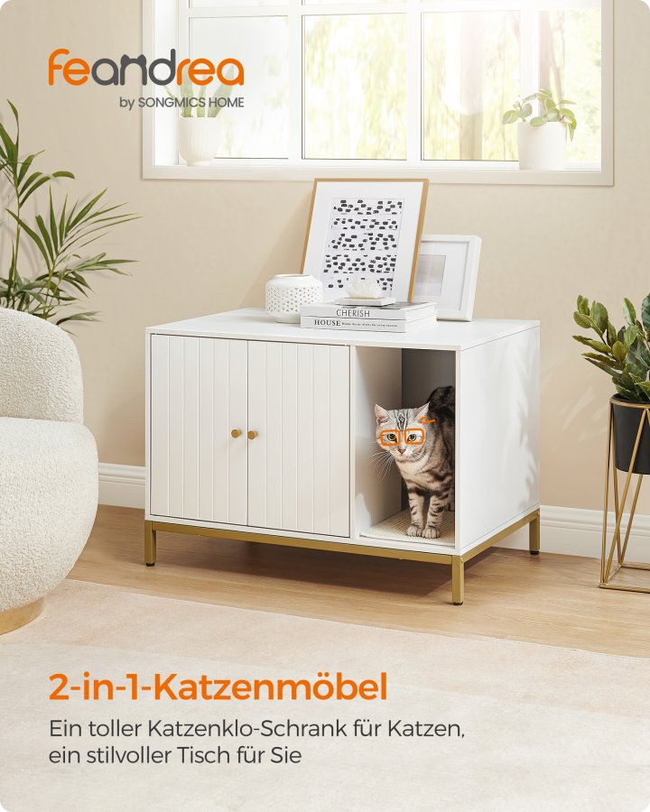 FEANDREA kattebakke, skjult kattebakkem�bel med kradsem�tte, h�je ben, kattehus, sidebord, 80 x 50 x 55 cm, hvid og guld PCL007W01V1