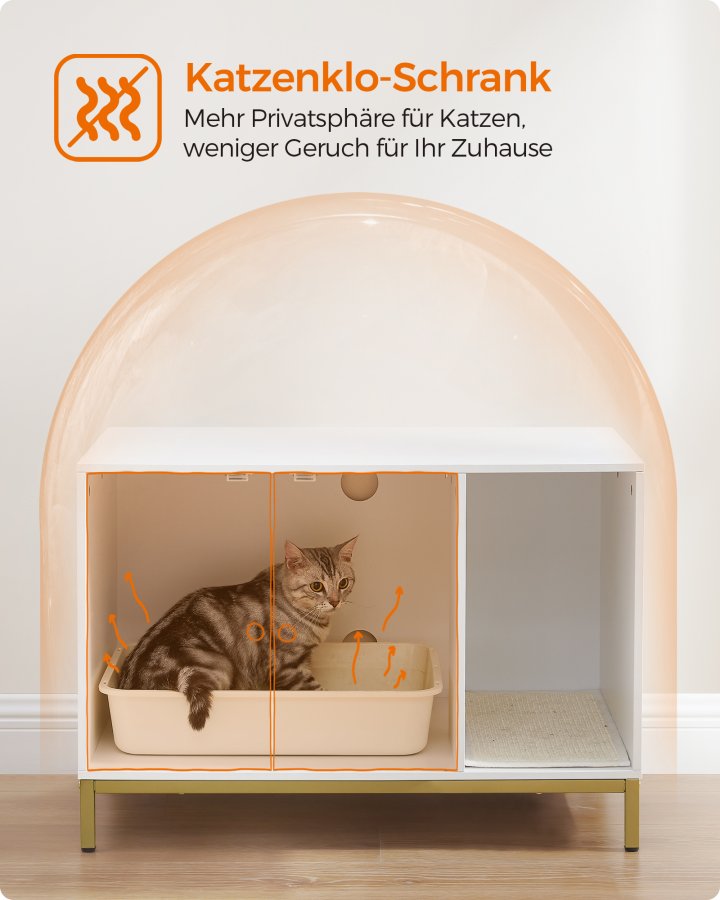 FEANDREA kattebakke, skjult kattebakkem�bel med kradsem�tte, h�je ben, kattehus, sidebord, 80 x 50 x 55 cm, hvid og guld PCL007W01V1