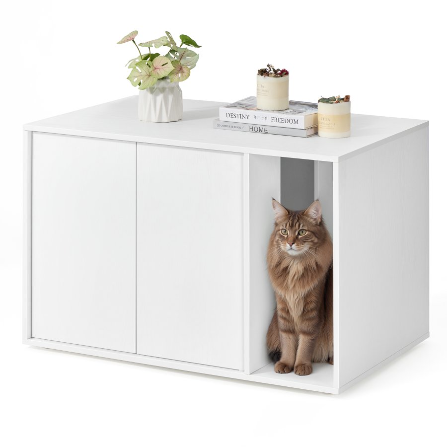 SONGMICS HOME Superhurtig v�rkt�jsfri montering, kattebakke, kattehus, til store katte, tryk-for-at-�bne d�re, display sidebord, sofabord, minimalistisk moderne, snehvid PCL013W01