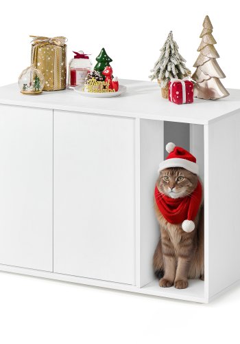 SONGMICS HOME Superhurtig v�rkt�jsfri montering, kattebakke, kattehus, til store katte, tryk-for-at-�bne d�re, display sidebord, sofabord, minimalistisk moderne, snehvid PCL013W01