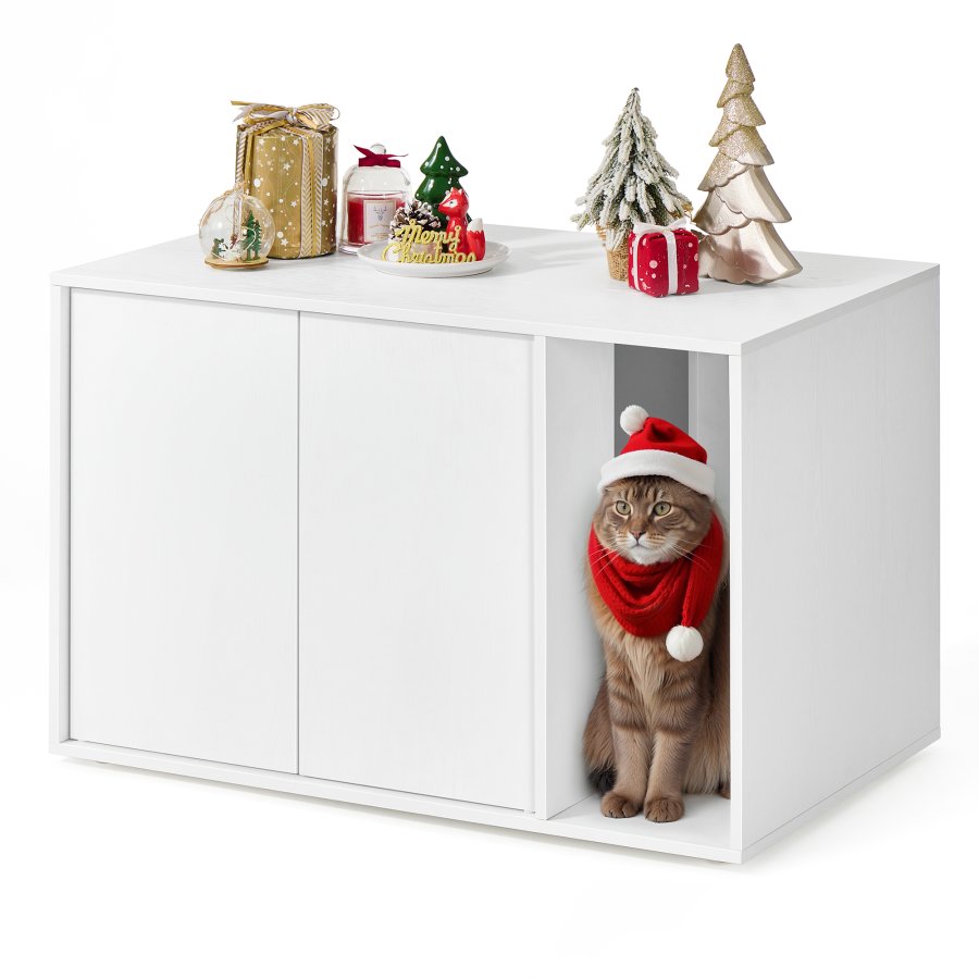SONGMICS HOME Superhurtig v�rkt�jsfri montering, kattebakke, kattehus, til store katte, tryk-for-at-�bne d�re, display sidebord, sofabord, minimalistisk moderne, snehvid PCL013W01