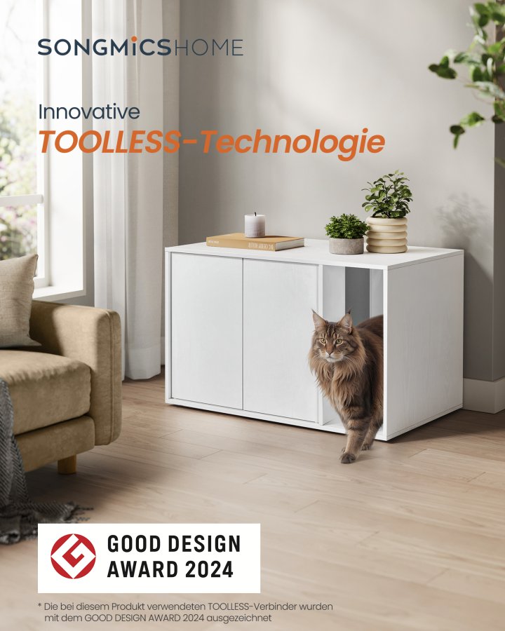 SONGMICS HOME Superhurtig v�rkt�jsfri montering, kattebakke, kattehus, til store katte, tryk-for-at-�bne d�re, display sidebord, sofabord, minimalistisk moderne, snehvid PCL013W01