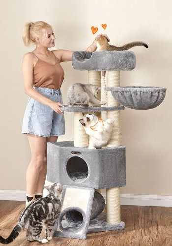 FEANDREA Stor kradsetr� til katte, m. platform, hule, h�ngek�je - gr� plys/sisal (H:141)
