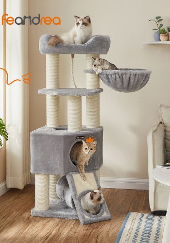 FEANDREA Stor kradsetr� til katte, m. platform, hule, h�ngek�je - gr� plys/sisal (H:141)
