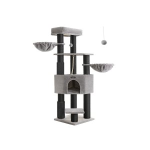 FEANDREA Kradsetr� til store katte, kraftigt kattet�rn med selvvarmende puder, 2 selvplejere, 9 kradsetr�er, stor siddepind, hule, kurve, 50 x 50 x 160 cm, duegr� og sort PCT003W01