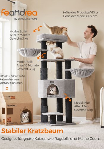 FEANDREA kl�str�d f�r stora katter, robust katttorn med sj�lvuppv�rmande kuddar, 2 sj�lvtrimningsmaskiner, 9 kl�str�d, stor sittpinne, grotta, korg, 50 x 50 x 160 cm, duvgr� och svart PCT003W01