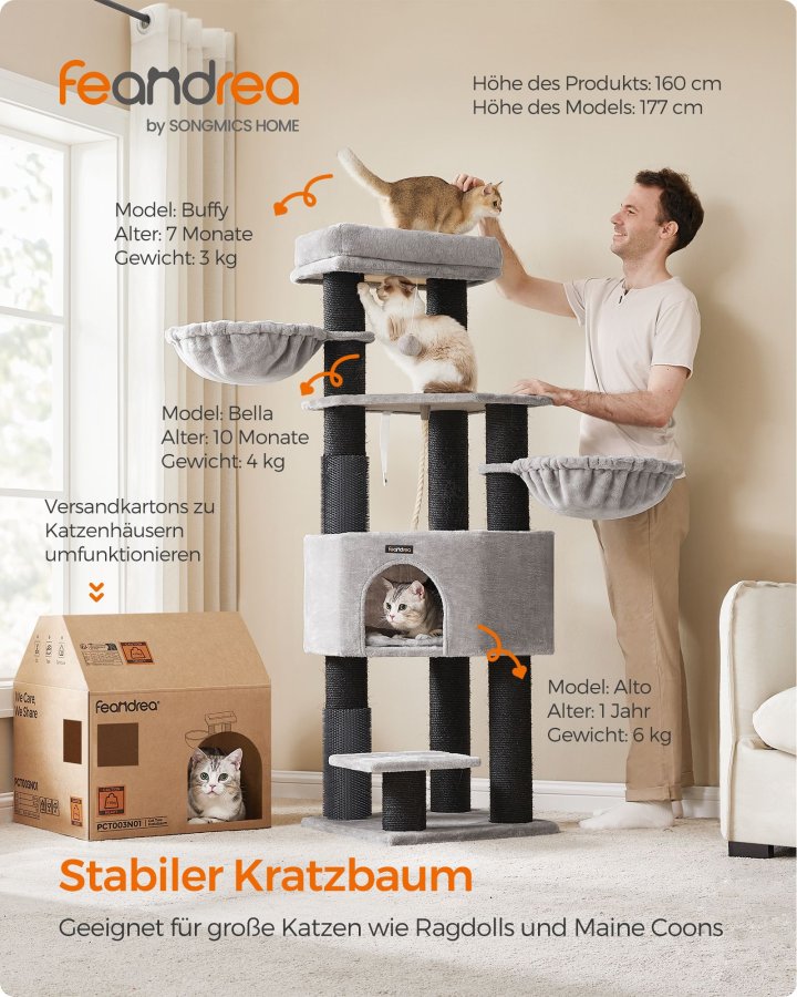FEANDREA Kradsetr� til store katte, kraftigt kattet�rn med selvvarmende puder, 2 selvplejere, 9 kradsetr�er, stor siddepind, hule, kurve, 50 x 50 x 160 cm, duegr� og sort PCT003W01