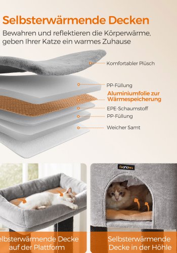 FEANDREA Kradsetr� til store katte, kraftigt kattet�rn med selvvarmende puder, 2 selvplejere, 9 kradsetr�er, stor siddepind, hule, kurve, 50 x 50 x 160 cm, duegr� og sort PCT003W01