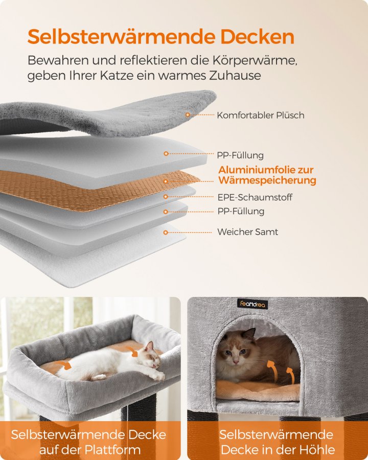 FEANDREA Kradsetr� til store katte, kraftigt kattet�rn med selvvarmende puder, 2 selvplejere, 9 kradsetr�er, stor siddepind, hule, kurve, 50 x 50 x 160 cm, duegr� og sort PCT003W01