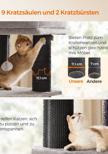 FEANDREA Kradsetr� til store katte, kraftigt kattet�rn med selvvarmende puder, 2 selvplejere, 9 kradsetr�er, stor siddepind, hule, kurve, 50 x 50 x 160 cm, duegr� og sort PCT003W01