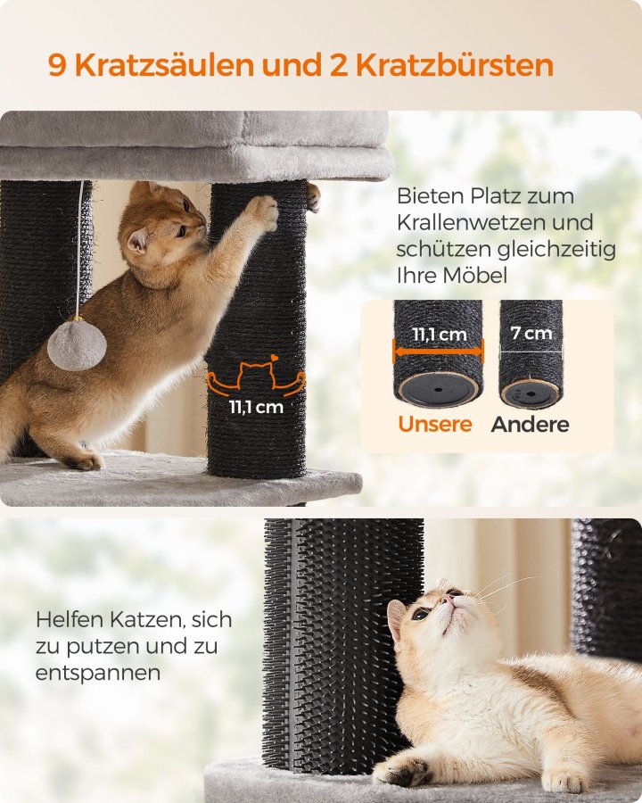 FEANDREA Kradsetr� til store katte, kraftigt kattet�rn med selvvarmende puder, 2 selvplejere, 9 kradsetr�er, stor siddepind, hule, kurve, 50 x 50 x 160 cm, duegr� og sort PCT003W01