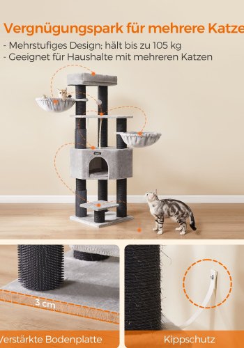 FEANDREA Kradsetr� til store katte, kraftigt kattet�rn med selvvarmende puder, 2 selvplejere, 9 kradsetr�er, stor siddepind, hule, kurve, 50 x 50 x 160 cm, duegr� og sort PCT003W01