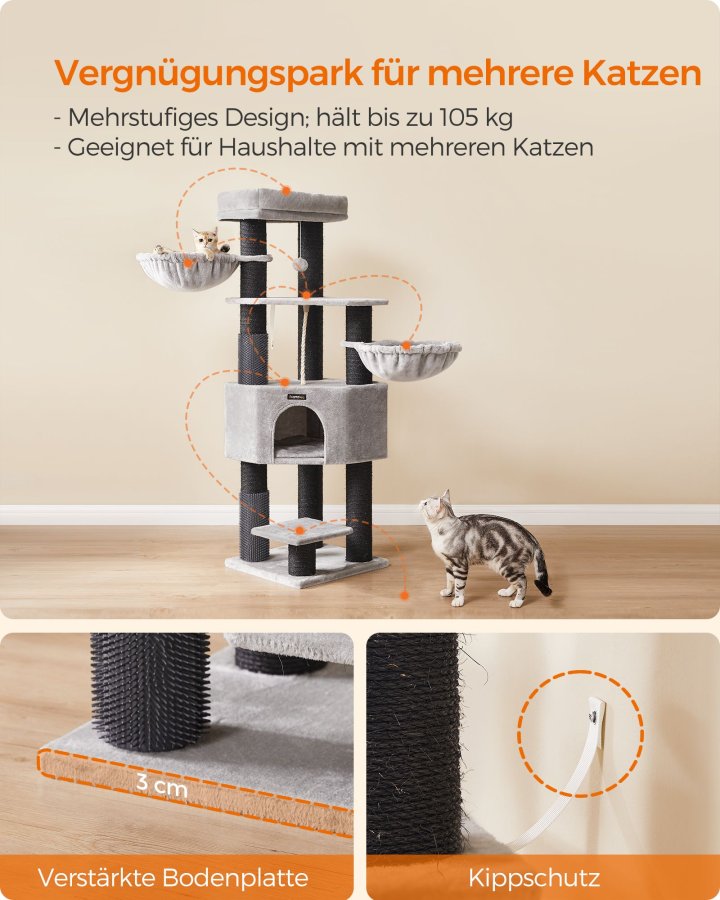 FEANDREA Kradsetr� til store katte, kraftigt kattet�rn med selvvarmende puder, 2 selvplejere, 9 kradsetr�er, stor siddepind, hule, kurve, 50 x 50 x 160 cm, duegr� og sort PCT003W01