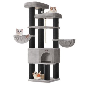FEANDREA Stort kradsetr�, kattet�rn i flere niveauer, XXL, 55 x 55 x 186,7 cm, sisalstolper i diameter, Maine Coon-katter, duegr� og bl�ksort PCT008G02