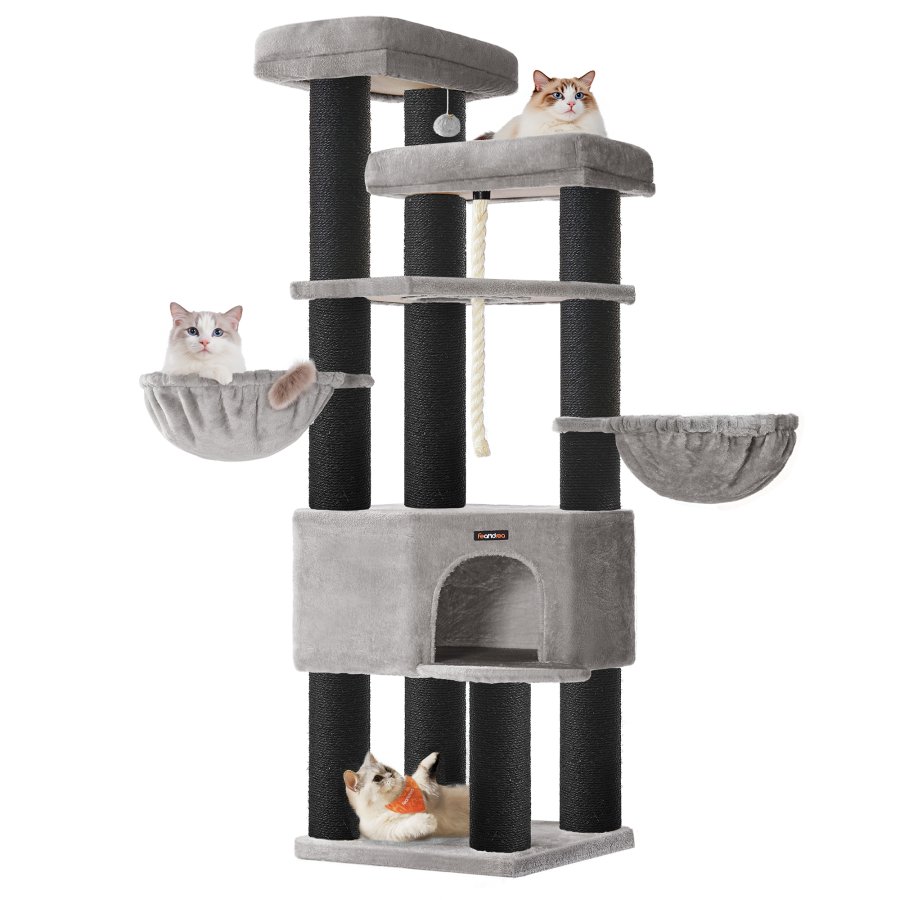 FEANDREA Stort kradsetr�, kattet�rn i flere niveauer, XXL, 55 x 55 x 186,7 cm, sisalstolper i diameter, Maine Coon-katter, duegr� og bl�ksort PCT008G02