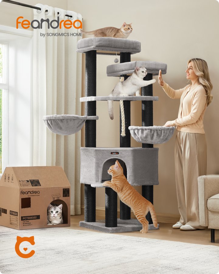 FEANDREA Stort kradsetr�, kattet�rn i flere niveauer, XXL, 55 x 55 x 186,7 cm, sisalstolper i diameter, Maine Coon-katter, duegr� og bl�ksort PCT008G02