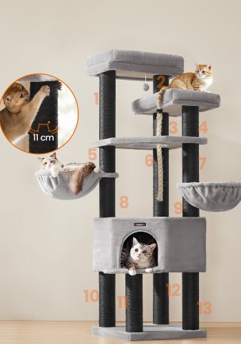 FEANDREA Stor kl�str�d, kl�str�d i flera niv�er f�r katt, XXL, 55 x 55 x 186,7 cm, sisalstolpar i diameter, Maine Coon-katter, duvgr� och bl�cksvart PCT008G02