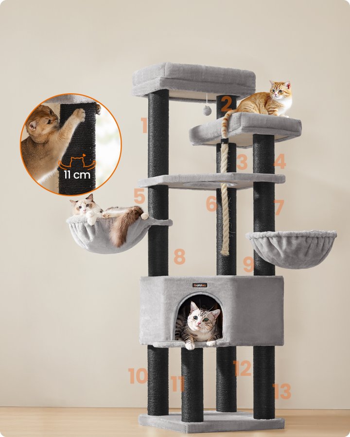 FEANDREA Stort kradsetr�, kattet�rn i flere niveauer, XXL, 55 x 55 x 186,7 cm, sisalstolper i diameter, Maine Coon-katter, duegr� og bl�ksort PCT008G02