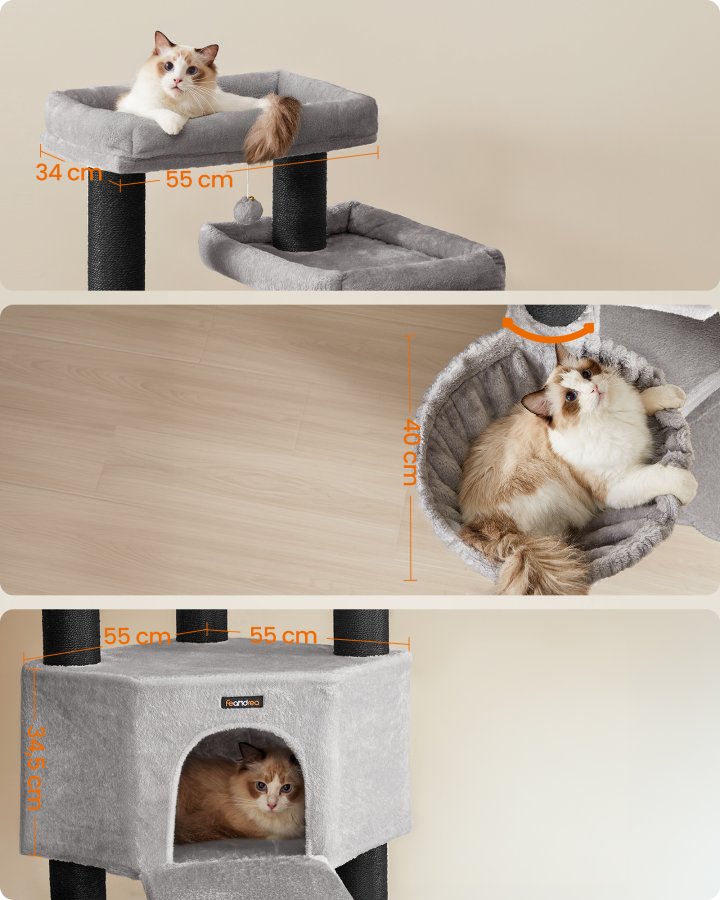 FEANDREA Stort kradsetr�, kattet�rn i flere niveauer, XXL, 55 x 55 x 186,7 cm, sisalstolper i diameter, Maine Coon-katter, duegr� og bl�ksort PCT008G02