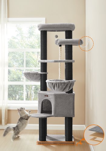 FEANDREA Stort kradsetr�, kattet�rn i flere niveauer, XXL, 55 x 55 x 186,7 cm, sisalstolper i diameter, Maine Coon-katter, duegr� og bl�ksort PCT008G02