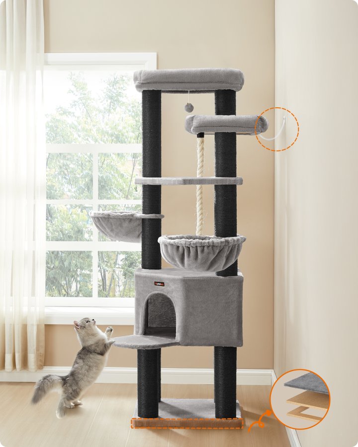 FEANDREA Stort kradsetr�, kattet�rn i flere niveauer, XXL, 55 x 55 x 186,7 cm, sisalstolper i diameter, Maine Coon-katter, duegr� og bl�ksort PCT008G02