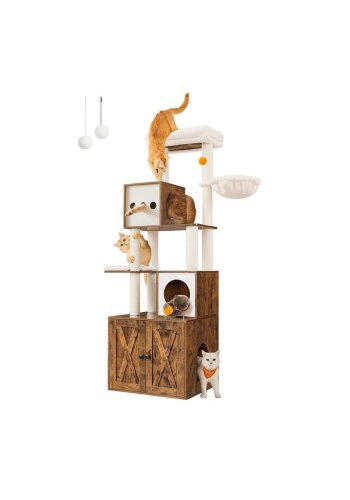 FEANDREA PCT116X01 kradsetr� til katte, m. kattebakke, kradsetr�splatform, vaskbar pude - hvid plys og vintage brun sp�nplade (H:183)