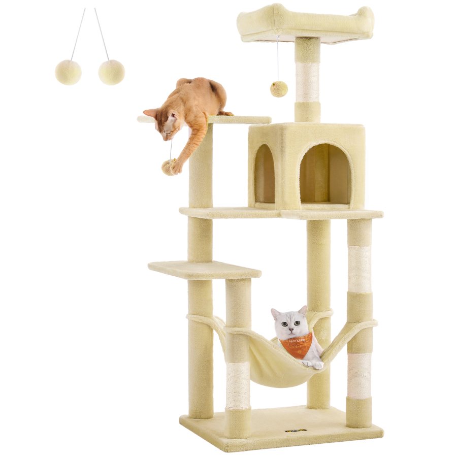 FEANDREA PCT161M01 Kradsetr� H�jde 143 cm Leget�rn til Katte med 4 Kradsetr�er, 2 Platforme, 1 Kennel, 1 H�ngek�je, 2 Pomponer, Plysstof, Flere Niveauer, Beige