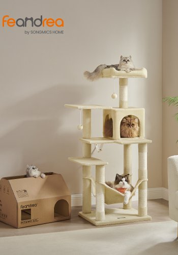 FEANDREA PCT161M01 kradsetr� til katte, m. 4 kradsetr�er, 2 platforme, 1 kennel, 1 h�ngek�je, 2 pomponer - beige plys og sissal (H:143)