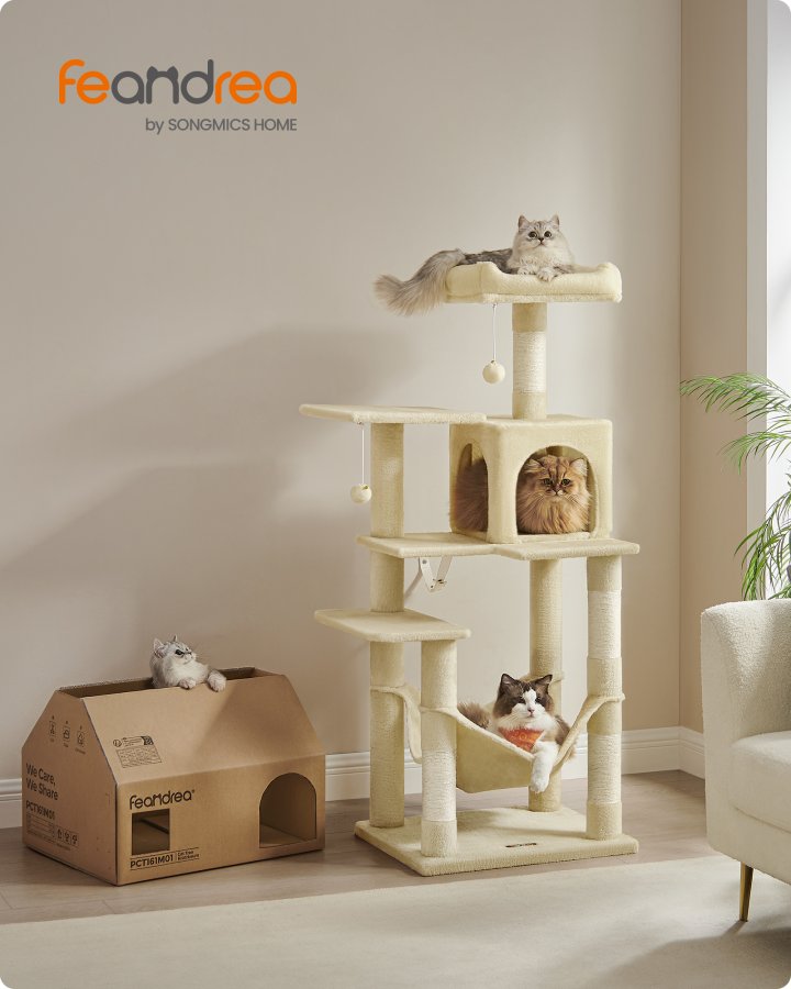 FEANDREA PCT161M01 Kradsetr� H�jde 143 cm Leget�rn til Katte med 4 Kradsetr�er, 2 Platforme, 1 Kennel, 1 H�ngek�je, 2 Pomponer, Plysstof, Flere Niveauer, Beige