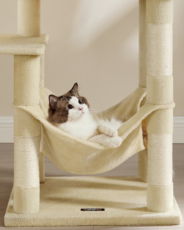 FEANDREA PCT161M01 Kradsetr� H�jde 143 cm Leget�rn til Katte med 4 Kradsetr�er, 2 Platforme, 1 Kennel, 1 H�ngek�je, 2 Pomponer, Plysstof, Flere Niveauer, Beige