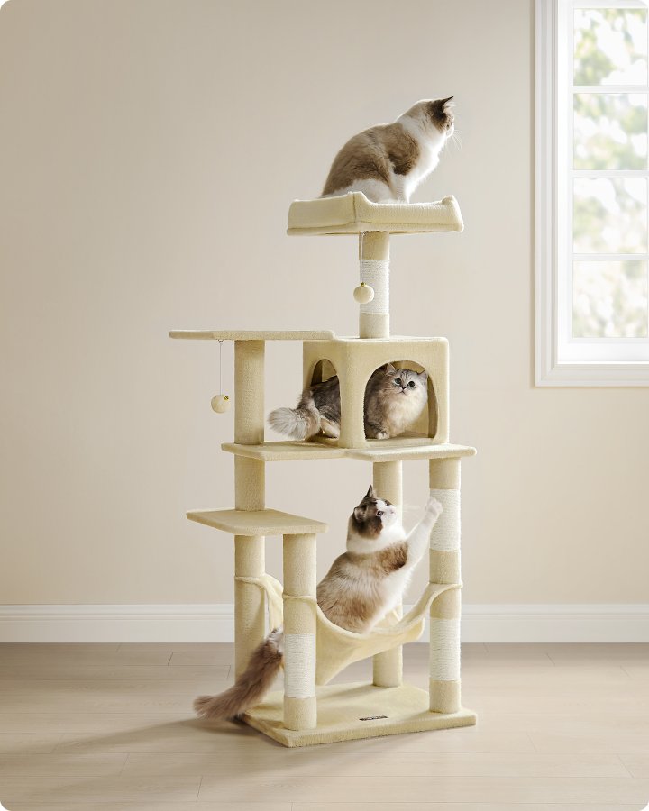 FEANDREA PCT161M01 Kradsetr� H�jde 143 cm Leget�rn til Katte med 4 Kradsetr�er, 2 Platforme, 1 Kennel, 1 H�ngek�je, 2 Pomponer, Plysstof, Flere Niveauer, Beige