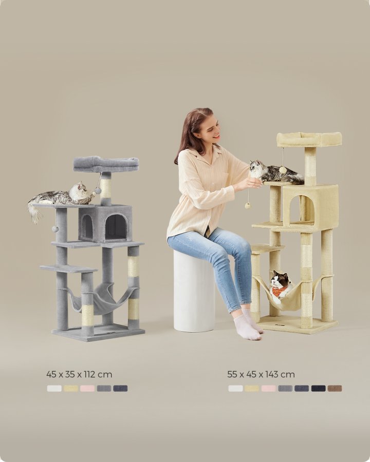 FEANDREA PCT161M01 Kradsetr� H�jde 143 cm Leget�rn til Katte med 4 Kradsetr�er, 2 Platforme, 1 Kennel, 1 H�ngek�je, 2 Pomponer, Plysstof, Flere Niveauer, Beige