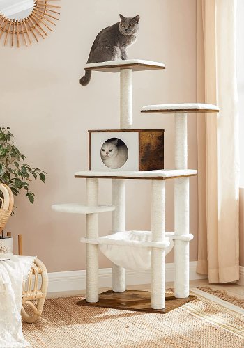 FEANDREA skrapestolpe, 5 niver, 2 plattformer, 1 hule, 1 hengekye - plysj, sisal og rustikk brunt tre