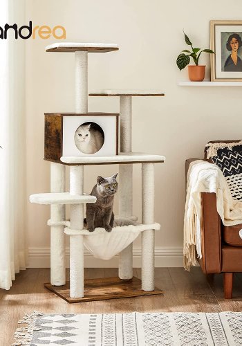 FEANDREA skrapestolpe, 5 niver, 2 plattformer, 1 hule, 1 hengekye - plysj, sisal og rustikk brunt tre