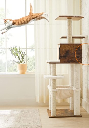FEANDREA skrapestolpe, 5 niver, 2 plattformer, 1 hule, 1 hengekye - plysj, sisal og rustikk brunt tre