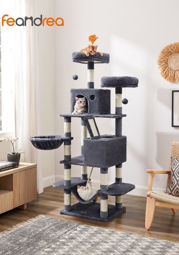 FEANDREA Stor kradsetr� til katte, M, m. 13 kradsetr�er, 1 kradserampe, 2 platforme, 2 huler, kurv, h�ngek�je, pomponer - r�ggr� plys/sisal (H:168cm)
