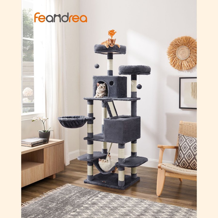 FEANDREA Stor Kradsetr� til Katte M Kradsetr� til Katte 168 cm H�jt Kradsetr� med 13 Kradsetr�er 1 Kradserampe 2 Platforme 2 Huler Kurv H�ngek�je Pomponer til Store Katte R�ggr�
