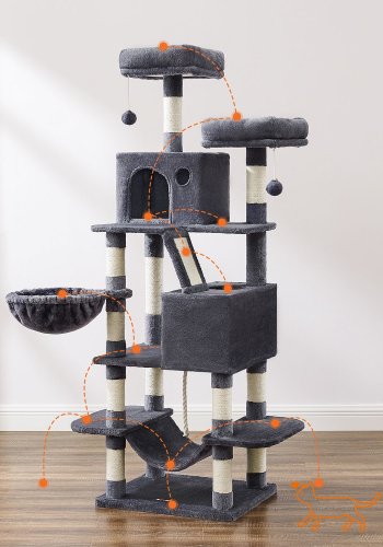 FEANDREA Stor kradsetr� til katte, M, m. 13 kradsetr�er, 1 kradserampe, 2 platforme, 2 huler, kurv, h�ngek�je, pomponer - r�ggr� plys/sisal (H:168cm)