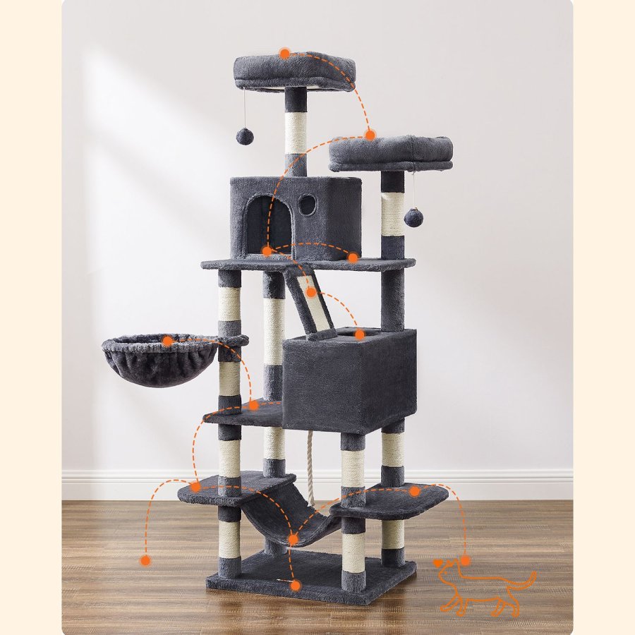 FEANDREA Stor Kradsetr� til Katte M Kradsetr� til Katte 168 cm H�jt Kradsetr� med 13 Kradsetr�er 1 Kradserampe 2 Platforme 2 Huler Kurv H�ngek�je Pomponer til Store Katte R�ggr�