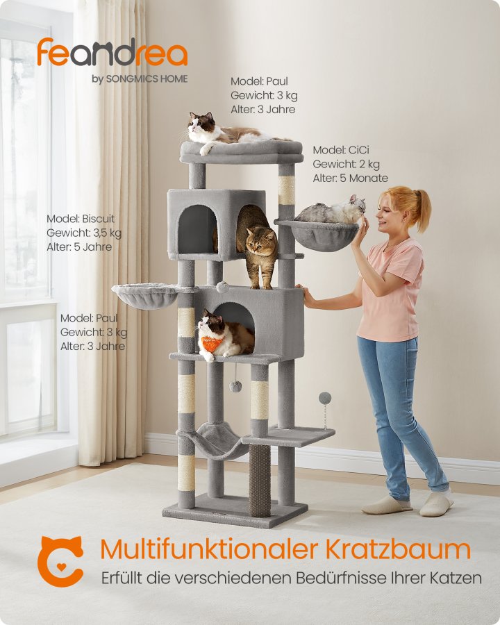 FEANDREA Stort kradsetr�, 175 cm h�jt kattet�rn, kattehytte i flere niveauer med 2 huler, 2 kurve, 5 kradsetr�er, selvplejer, siddepind, h�ngek�je, til indekatte, duegr� PCT182G01