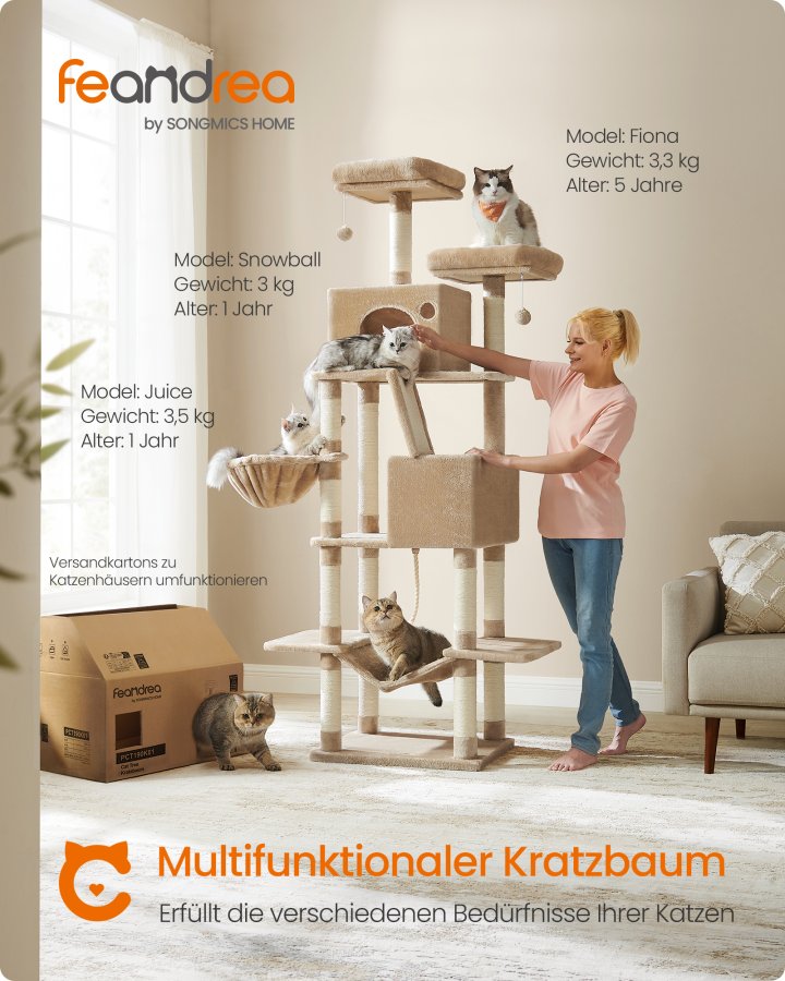 FEANDREA Kradsetr�, 206 cm stort kattet�rn med 13 kradsetr�er, 1 kradserampe, 2 siddepinde, 2 huler, kurv, h�ngek�je, pomponer, kamelbrun PCT190K01V1