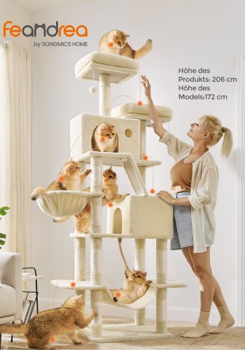 FEANDREA PCT190M01 Stor kradsetr� til katte, XXL, m. 13 kradsetr�er, 2 platforme, 2 huler, kurv, h�ngek�je - beige plys/sisal (H203,5)