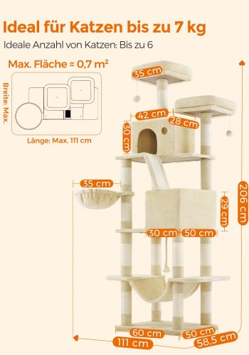 FEANDREA PCT190M01 Stor kradsetr� til katte, 206 cm h�j, XXL kradsetr� med 13 kradsetr�er, 2 platforme, 2 huler, kurv, h�ngek�je, plysbolde, kradsetr� i flere niveauer til katte, beige