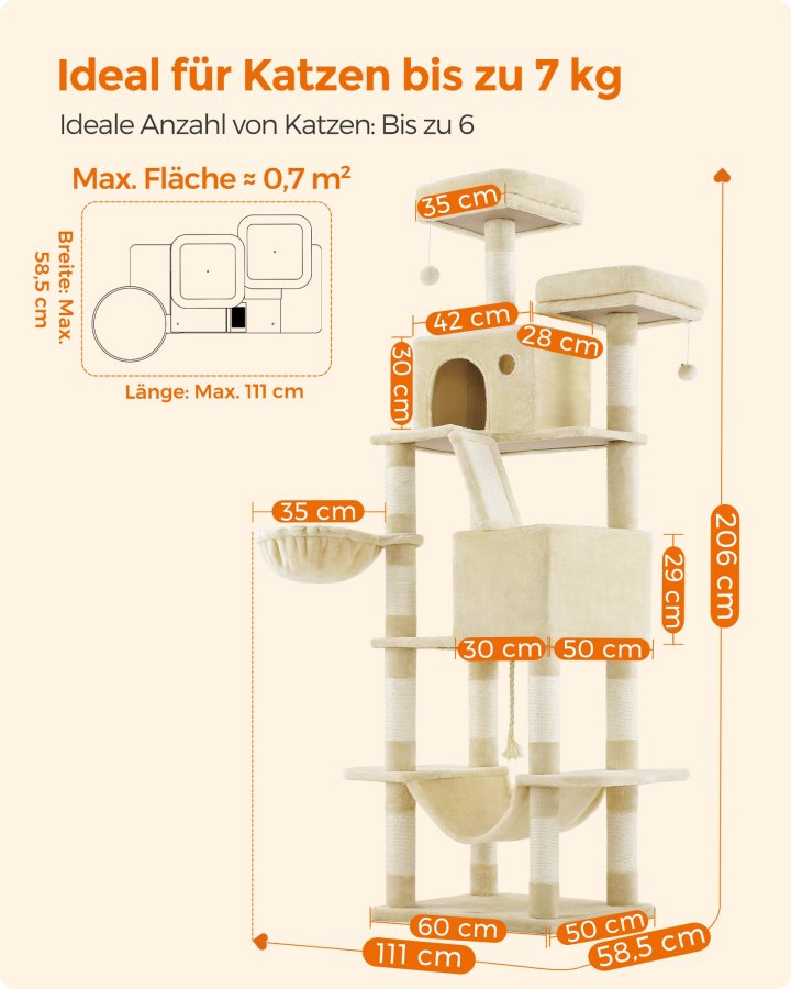 FEANDREA PCT190M01 Stor kradsetr� til katte, 206 cm h�j, XXL kradsetr� med 13 kradsetr�er, 2 platforme, 2 huler, kurv, h�ngek�je, plysbolde, kradsetr� i flere niveauer til katte, beige