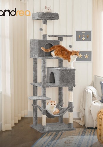 FEANDREA PCT162W01 kradsetr� til katte, m. platform, hule, h�ngek�je - gr� plys/sisal (H:135)