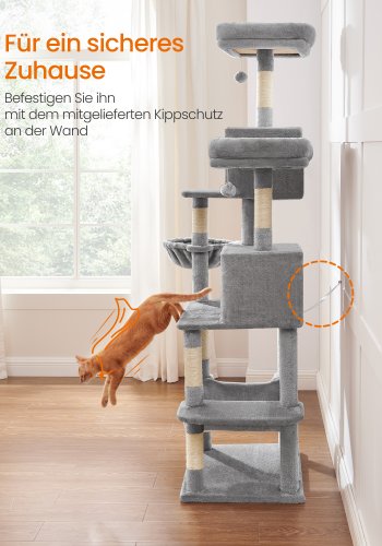 FEANDREA PCT196W01 stor kradsetr� til katte, m. h�ngek�je - gr� plys og sisal  (H:196)
