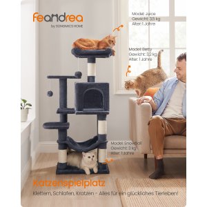 FEANDREA 112 cm kradsetr�, kradsetr� til katte med 4 kradsetr�er, 2 siddepinde, 1 hule, 1 h�ngek�je, 2 pomponer, flerlags plys, r�get gr� PCT261G01V1