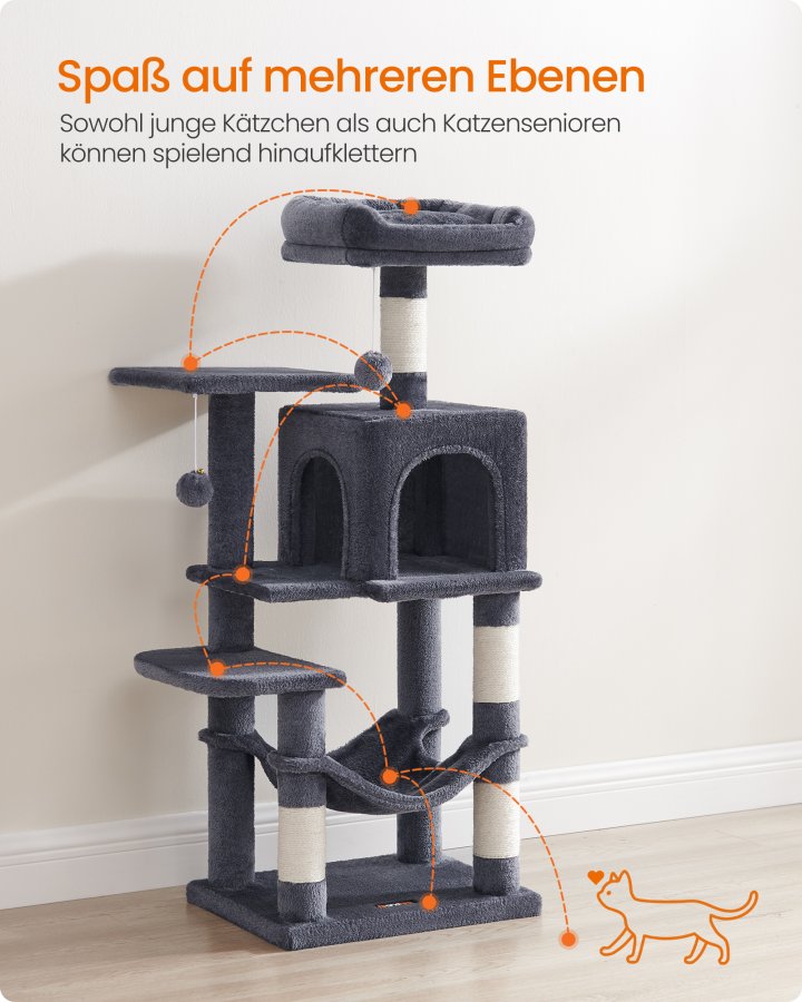 FEANDREA 112 cm kradsetr�, kradsetr� til katte med 4 kradsetr�er, 2 siddepinde, 1 hule, 1 h�ngek�je, 2 pomponer, flerlags plys, r�get gr� PCT261G01V1