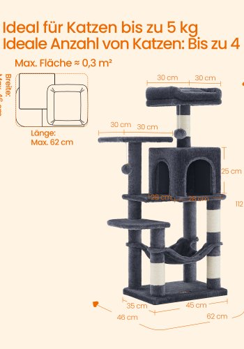 FEANDREA 112 cm kradsetr�, kradsetr� til katte med 4 kradsetr�er, 2 siddepinde, 1 hule, 1 h�ngek�je, 2 pomponer, flerlags plys, r�get gr� PCT261G01V1